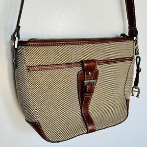 Vintage Etienne Aigner Brown Beige Fabric and Leather Shoulder Bag